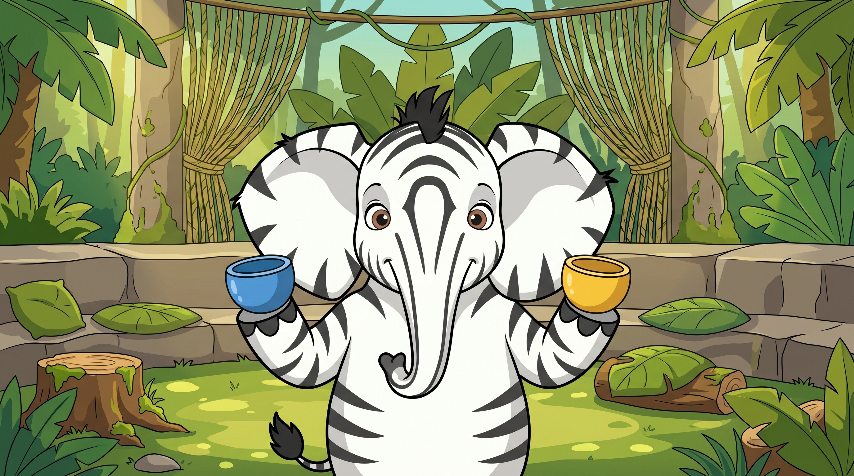 Zoomba holding a blue cup and a yellow cup, looking thoughtful.